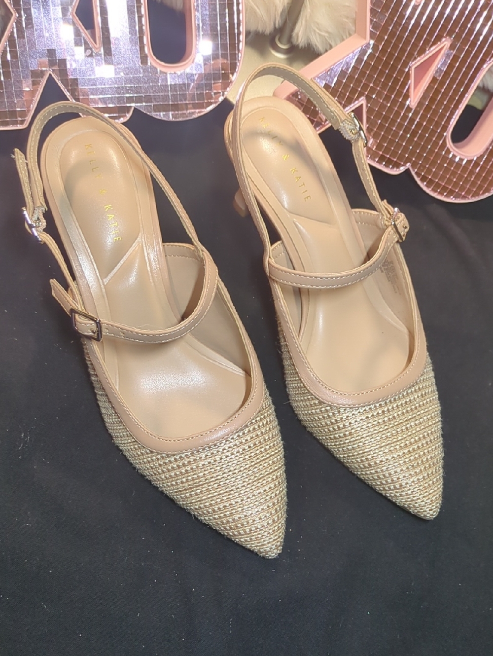 Kelly & Katie Beige Woven Pointed Slingback Heels NOW ONLY $35